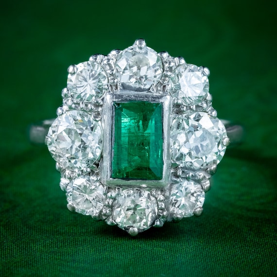 Antique Edwardian Emerald Diamond Cluster Ring 0.… - image 1