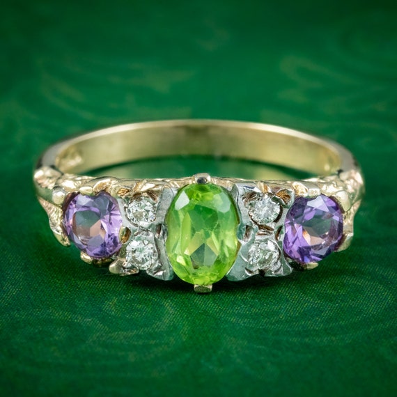 Edwardian Style Suffragette Ring Amethyst Peridot Diamond