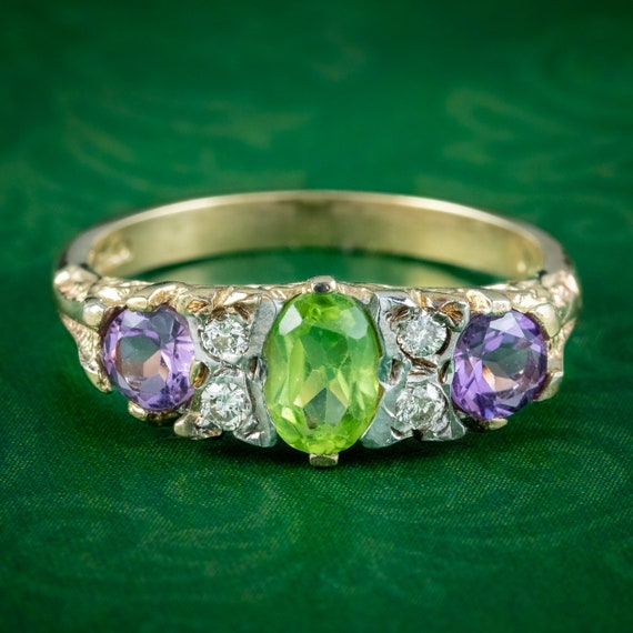 Edwardian Suffragette Style Amethyst Peridot Diamond Ring