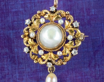 Antique Victorian Pearl Diamond Pendant Brooch 18ct Gold