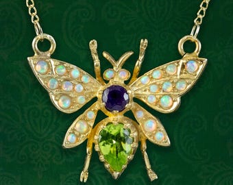 Edwardian Style Suffragette Bee Necklace Peridot Opal Amethyst