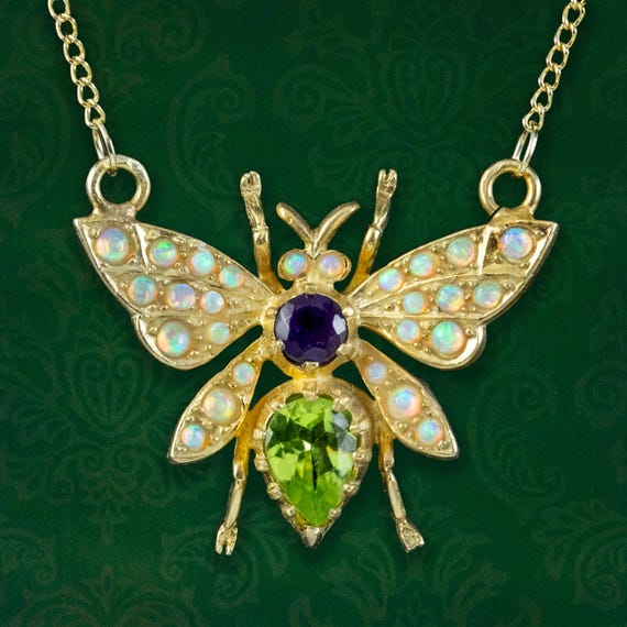 Edwardian Style Suffragette Bee Necklace Peridot Opal Amethyst