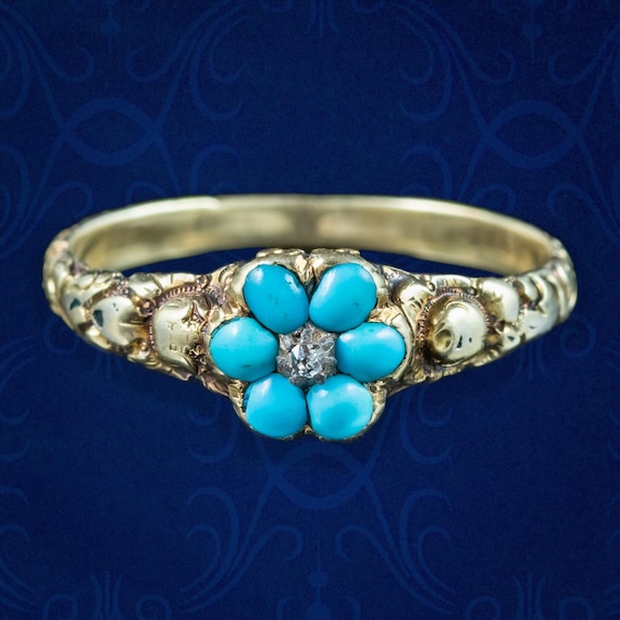 Antique Georgian Turquoise Forget Me Not Diamond Cluster Ring