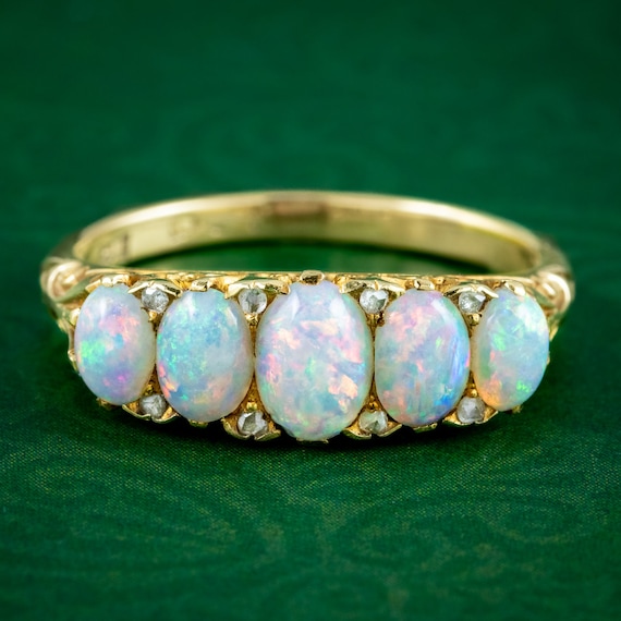 Antique Victorian Opal Diamond Five Stone Ring 1.7ct Of Opal