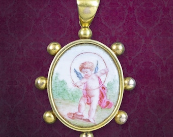 Antiker Viktorianischer Cherub Anhänger Perlmutt Rückseite 18 Karat Gold mit Box