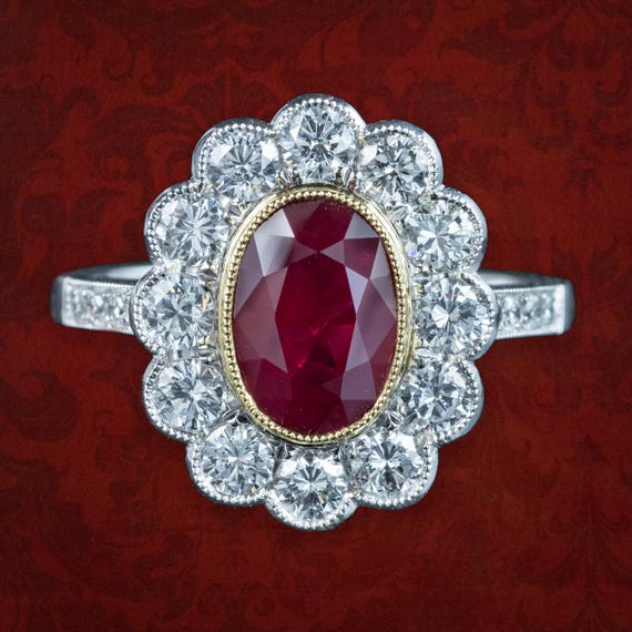 Edwardian Style Ruby Diamond Cluster Ring 2.05ct Burmese Ruby