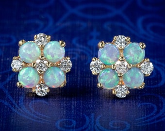 Opal Diamond Cluster Stud Earrings 9ct Gold 1.60ct Opal