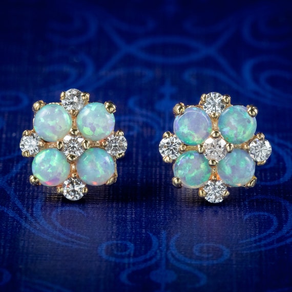 Opal Diamond Cluster Stud Earrings 9ct Gold 1.60ct Opal