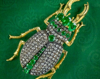 Edwardian Style Emerald Diamond Stag Beetle Brooch 3ct Of Emerald