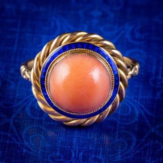 Antique Victorian Coral Enamel Ring 15ct Gold Circ