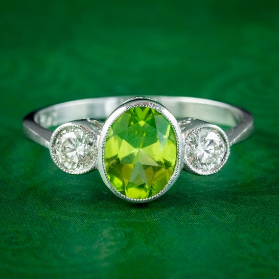 Edwardian Style Peridot Diamond Trilogy Ring 1.6ct Peridot