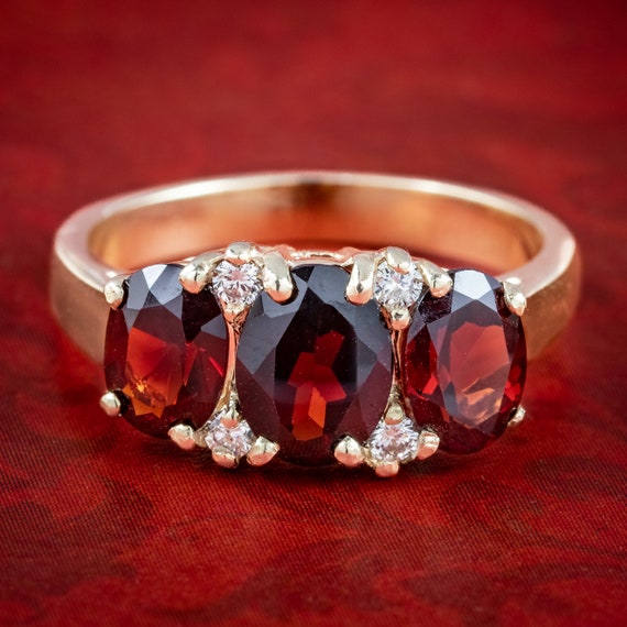 Victorian Style Garnet Diamond Trilogy Ring