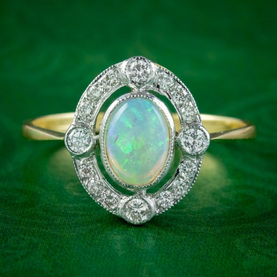 Art Deco Style Opal Diamond Cluster Ring 0.70ct Opal