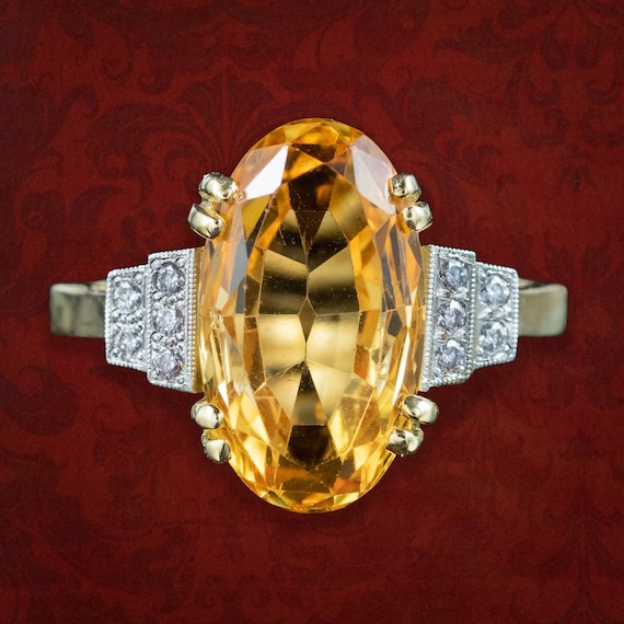 Art Deco Style Precious Topaz Diamond Ring 5ct Orange Topaz