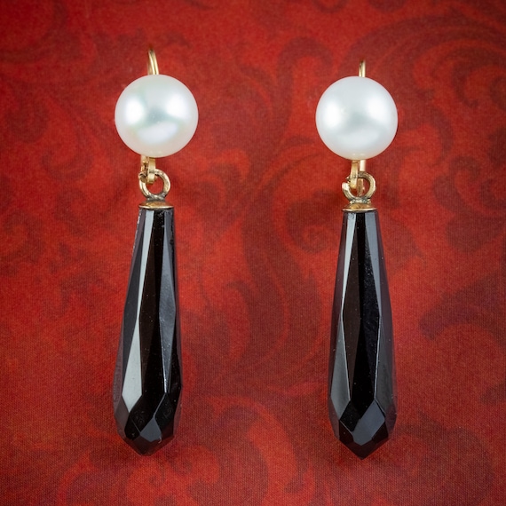 Vintage Pearl French Jet Drop Earrings 14ct Gold