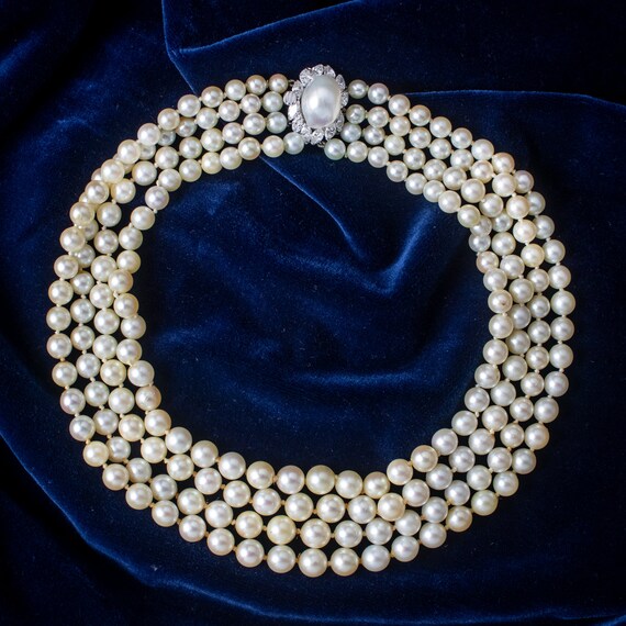 Art Deco Four Strand Pearl Necklace With Pearl Diamond Clasp