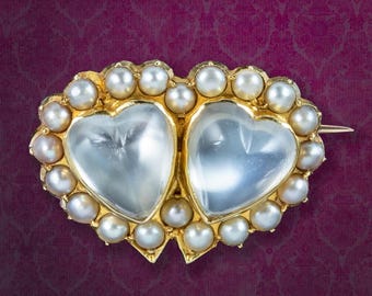 Antique Victorian Moonstone Pearl Heart Brooch 18ct Gold