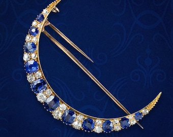 Antique Victorian Sapphire Diamond Crescent Moon Brooch 15ct Gold