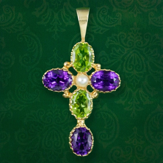 Amethyst Peridot Pearl Suffragette Cross Pendant 9ct Gold