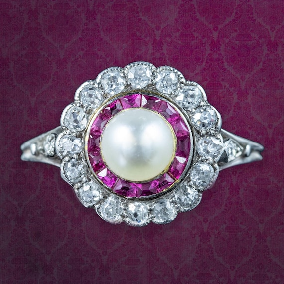 Antique Art Deco Ruby Diamond Pearl Cluster Ring