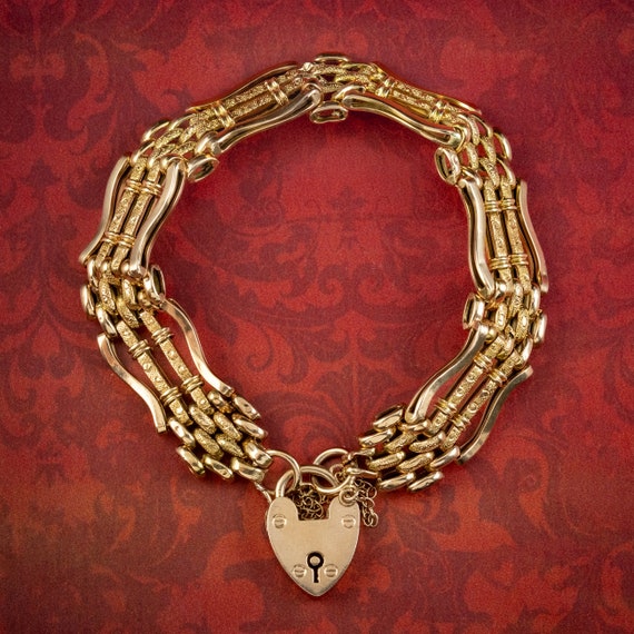 Antique Victorian 9ct Gold Gate Bracelet And Hear… - image 1