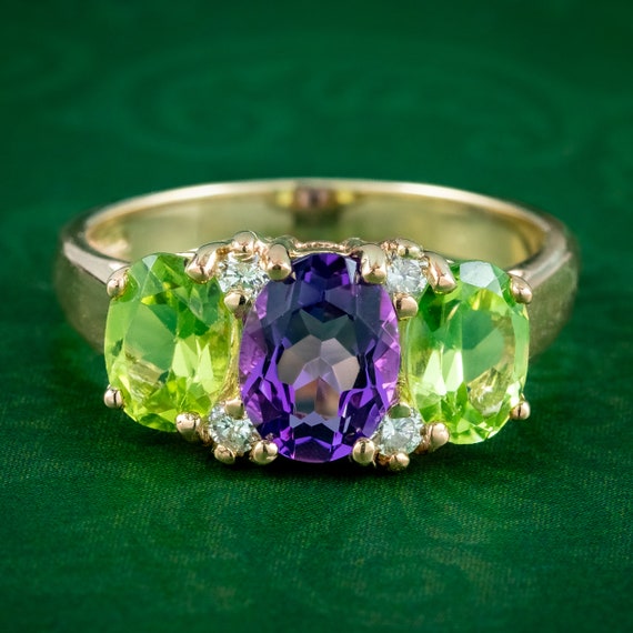 Edwardian Style Suffragette Ring Amethyst Peridot Diamond 9ct Gold