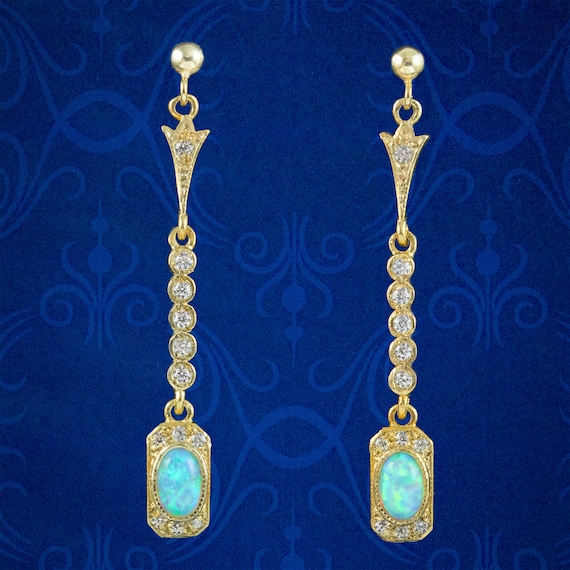 Art Deco Style Opal Cz Drop Earrings Silver 18ct Gold Gilt