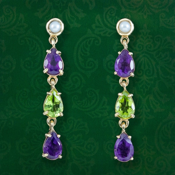 Edwardian Suffragette Style Drop Earrings 9ct Gold