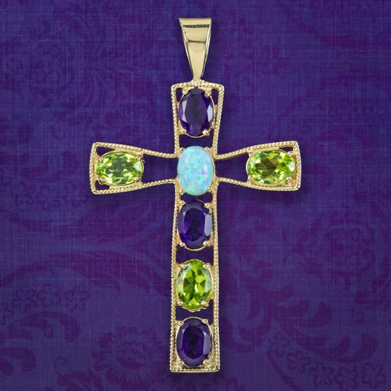 Edwardian Style Suffragette Cross Pendant Amethyst Peridot Opal