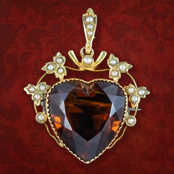 Antique Victorian Smoky Quartz Pearl Heart Pendan… - image 1