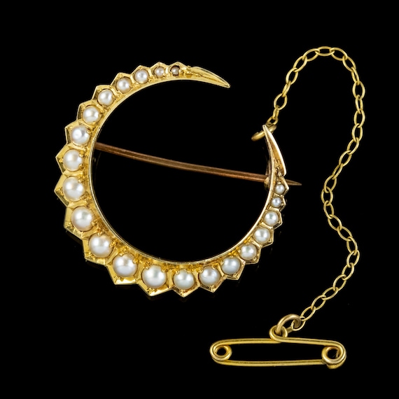 Antique Victorian Pearl Crescent Moon Brooch 18ct