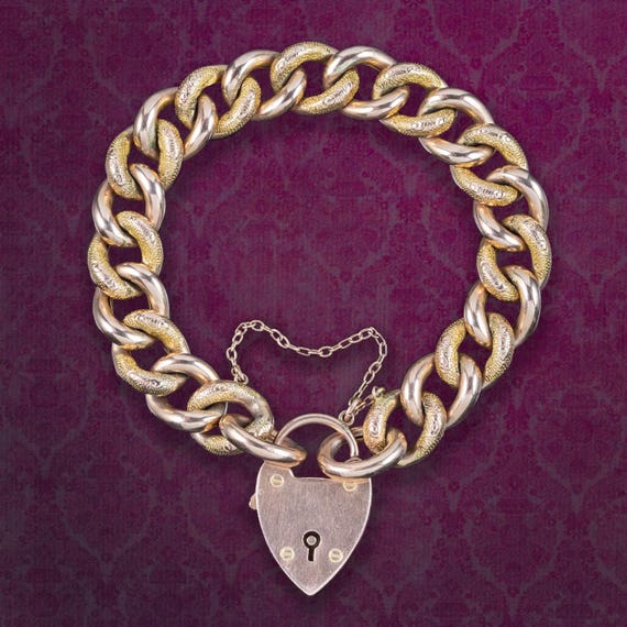 Antique Victorian Curb Bracelet 9ct Gold With Heart Padlock