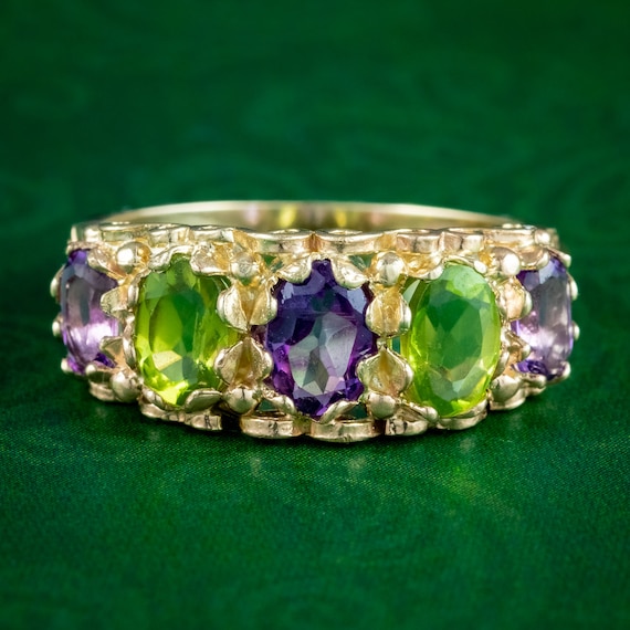 Suffragette Style Amethyst Peridot Ring 9ct Yellow Gold