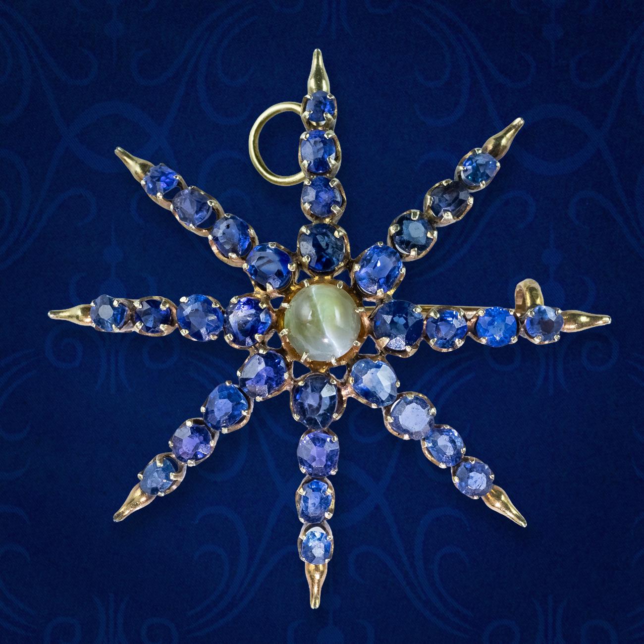 Antique Victorian Star Brooch Sapphire Cats Eye Chrysoberyl 18ct