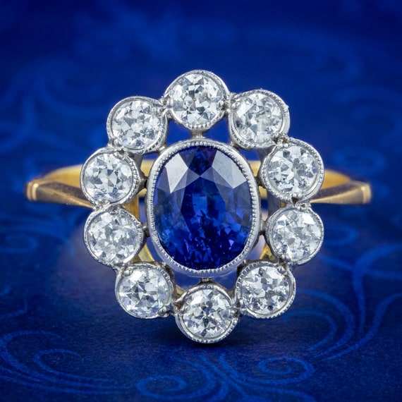 Edwardian Style Sapphire Diamond Cluster Ring 18ct Gold