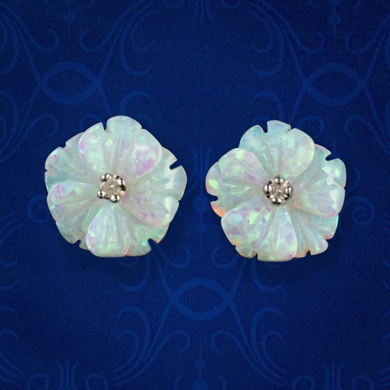 Opal Diamond Flower Stud Earrings 9ct Gold