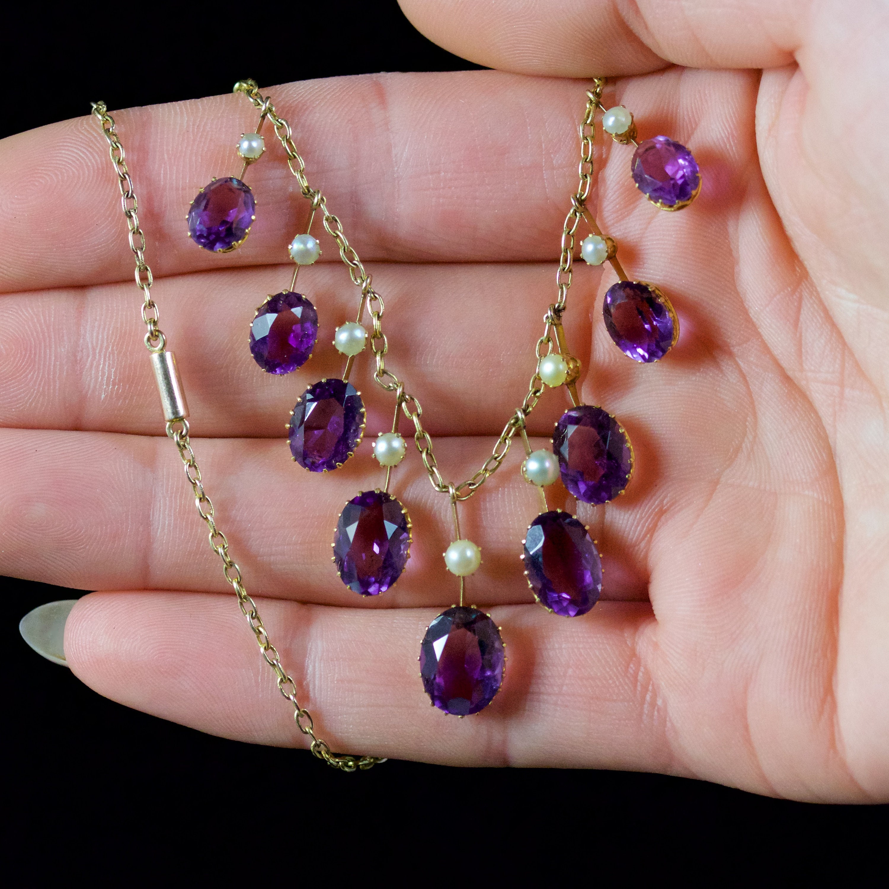 Antique Victorian 18ct Amethyst Pearl Garland Necklace Circa 1880