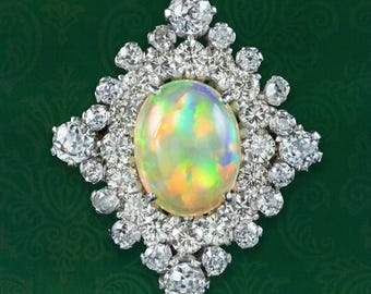 Vintage Opal Diamond Cluster Cocktail Ring 2.5ct Natural Jelly Opal