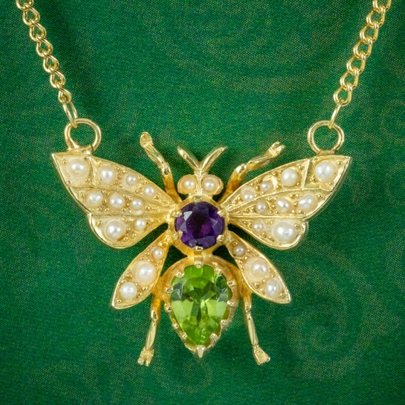 Suffragette Style Bee Necklace Peridot Pearl Amethyst