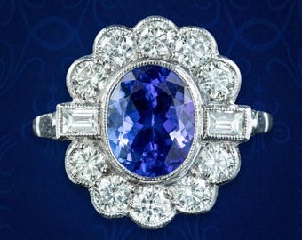 Art Deco Style Tanzanite Diamond Cluster Ring 2.1ct Tanzanite