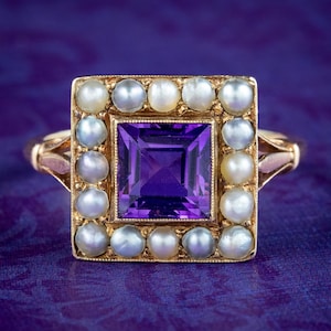Anillo antiguo victoriano con racimo de perlas y amatista de 1,8 ct