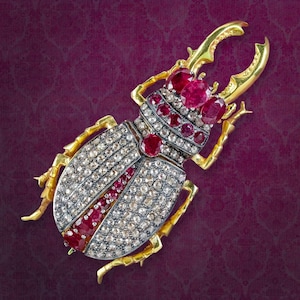 Edwardian Style Ruby Diamond Stag Beetle Brooch Silver 18ct Gold Gilt