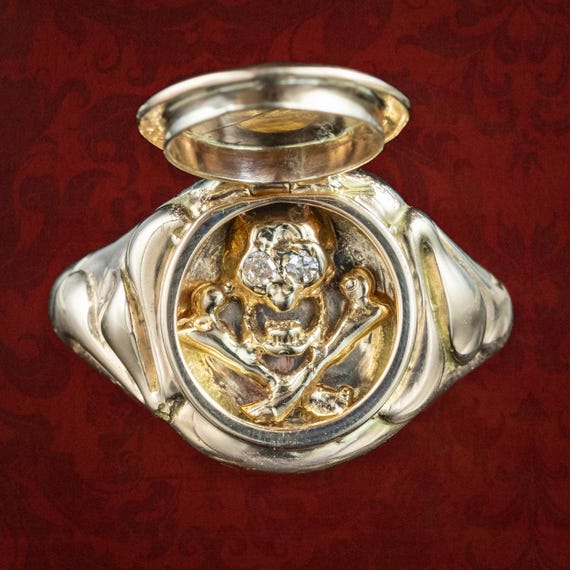 Georgian Style Memento Mori Locket Ring With Diamond Skull