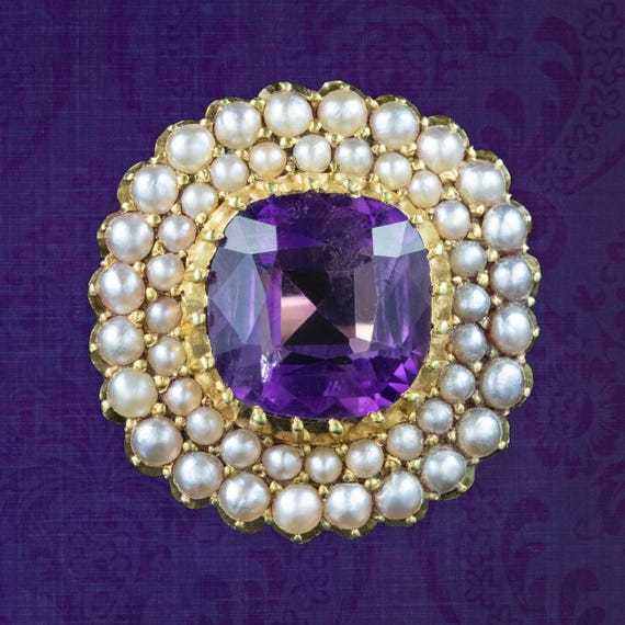 Antique Victorian Amethyst Pearl Cluster Ring 4ct Amethyst