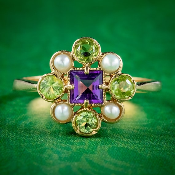 Edwardian Suffragette Style Cluster Ring Peridot Amethyst Pearl