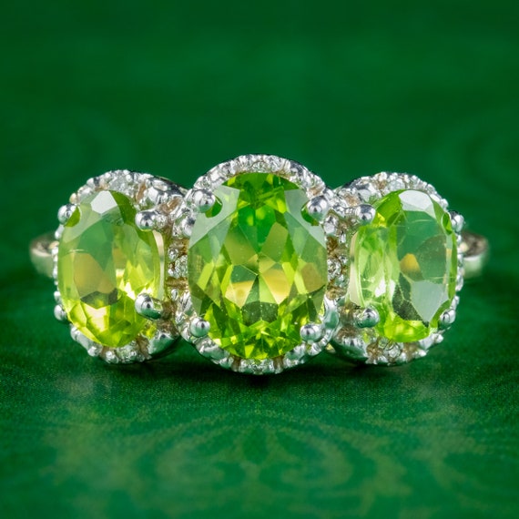 Peridot Diamond Trilogy Ring 9ct Gold