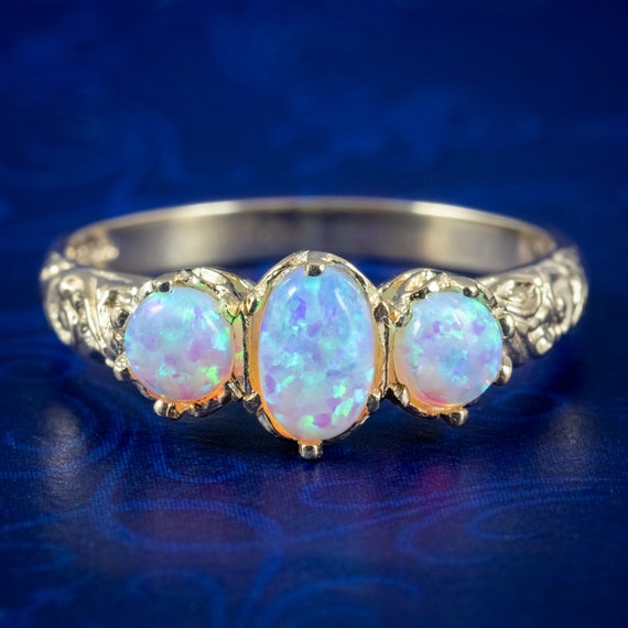 Victorian Style Opal Trilogy Ring 9ct Gold