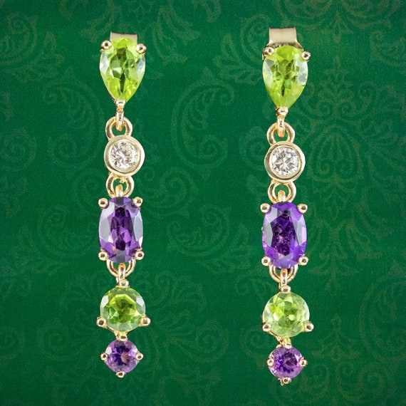 Edwardian Suffragette Style Drop Earrings Amethyst Peridot Diamond