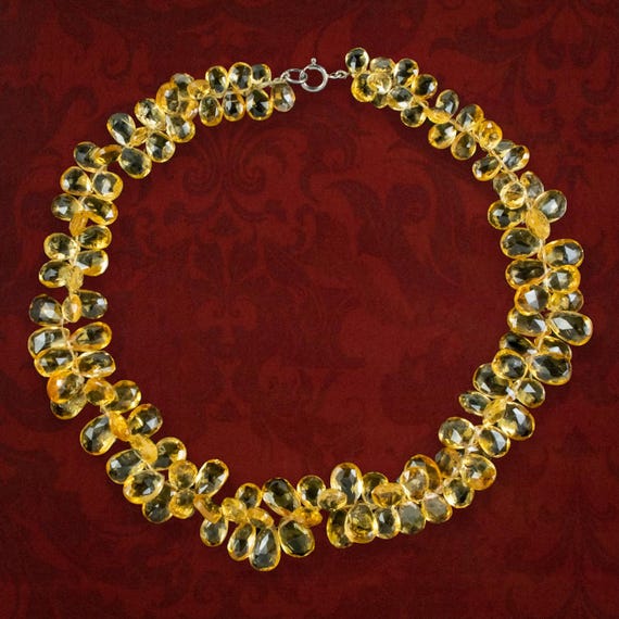 Vintage Citrine Cluster Necklace Silver Clasp