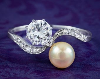 Antique Edwardian Pearl Diamond Toi Et Moi Twist Ring